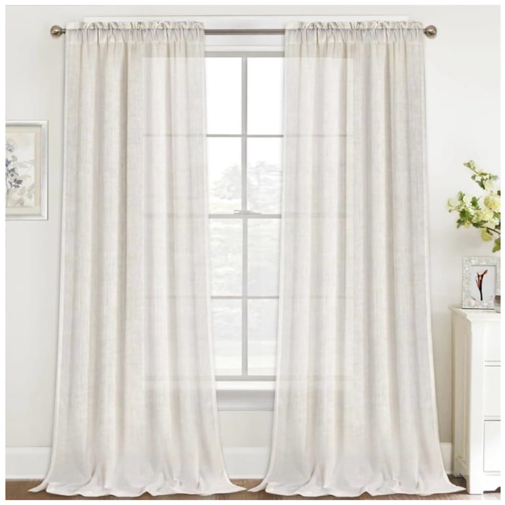FANTASDECOR | NATURAL COLOR LINEN SHEER CURTAINS 96 INCH LENGTH-2 PANEL SETS
